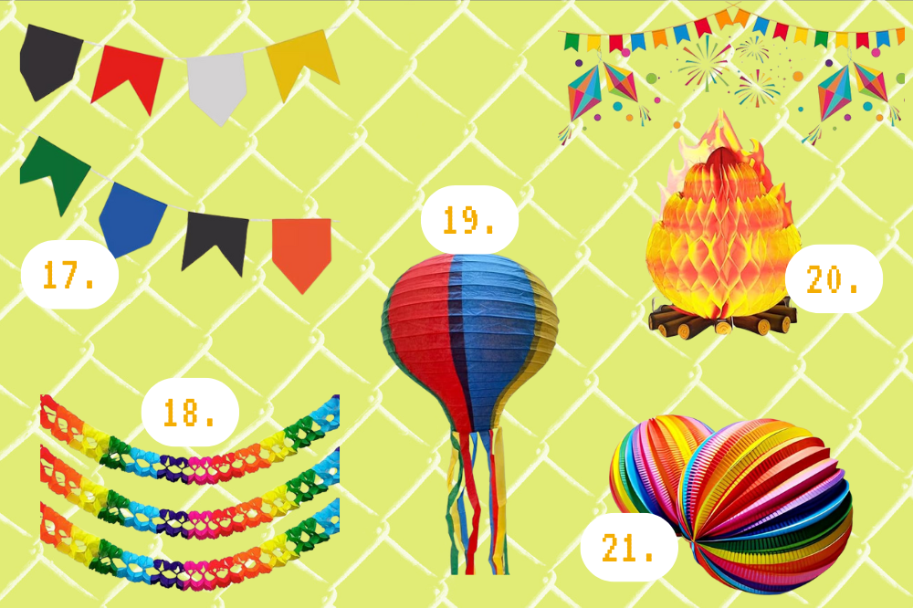 Imagem de decorações de festa junina, como bandeirinhas, fogueira e balão.