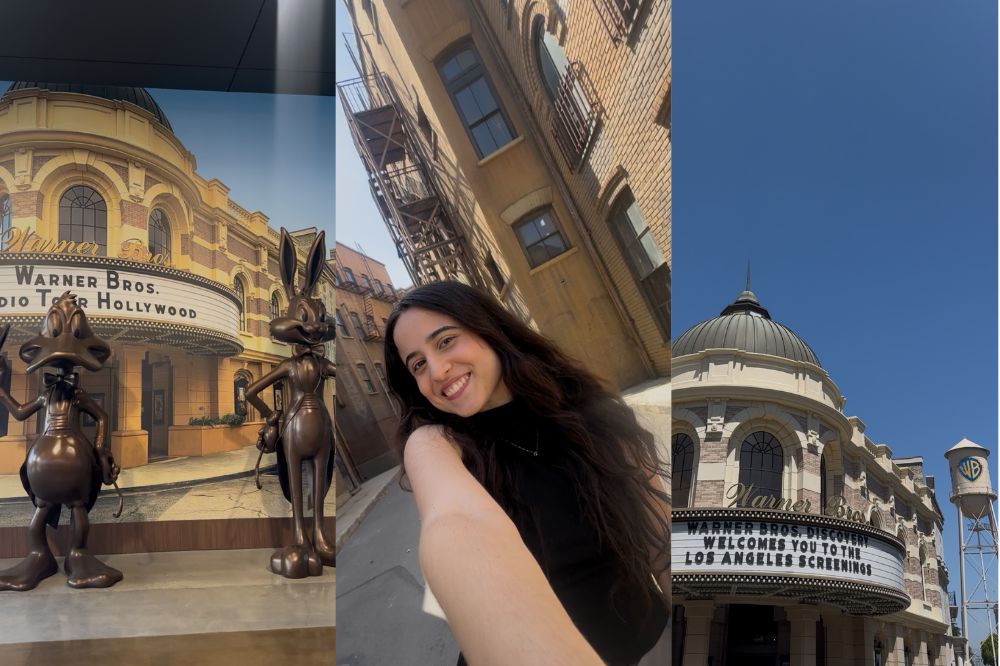 Anny Guerrera no tour Warner Bros Studios, em Los Angeles; três imagens; na primeira estatuas de personagens; na segunda a repórter no tour; na terceira o cinema e a caixa d'água da Warner