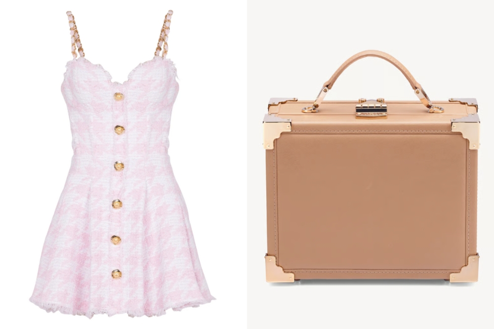 Vestido Balmain e bolsa Aspinal London usados por Taylor Swift