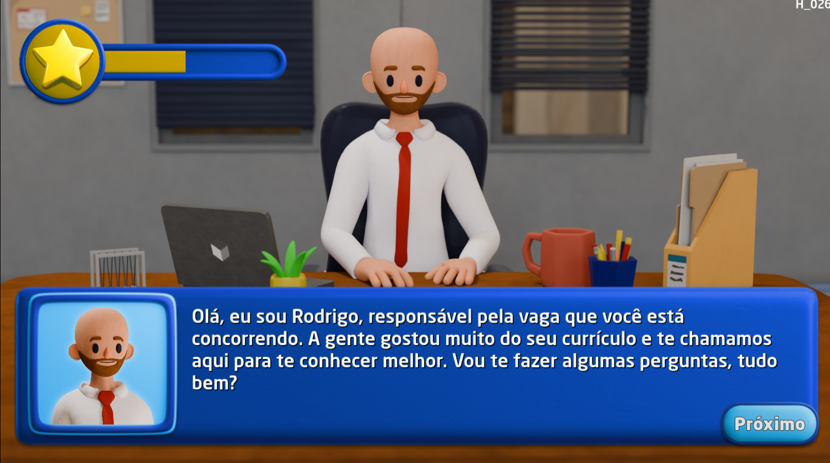 Imagem de um momento do jogo 'Jornada da entrevista', que busca ajudar jovens a se preparar para sua primeira entrevista de emprego.