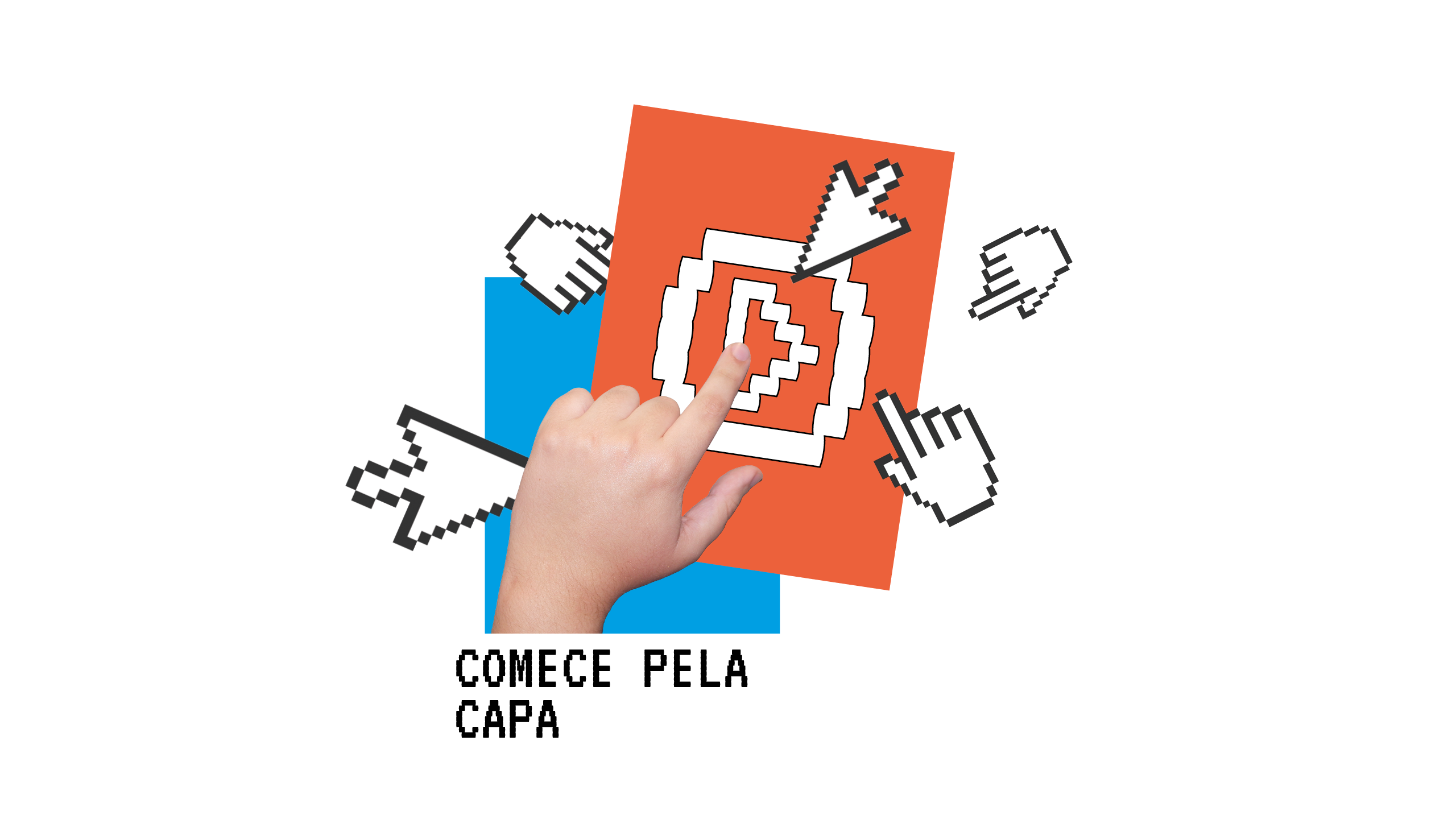 Mão clicando em uma folha de papel laranja.