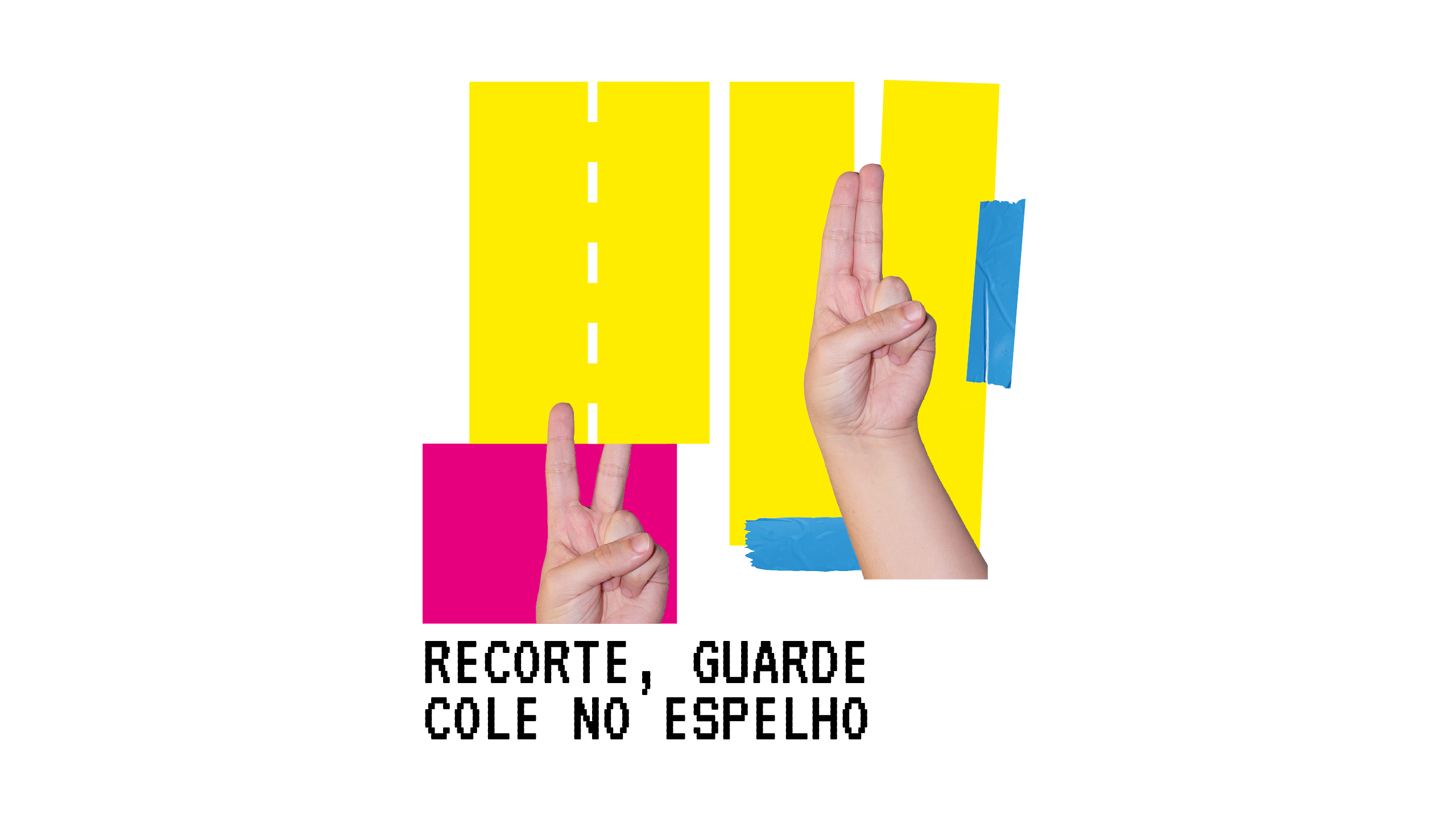 Mãos simulando uma tesoura cortando papéis coloridos