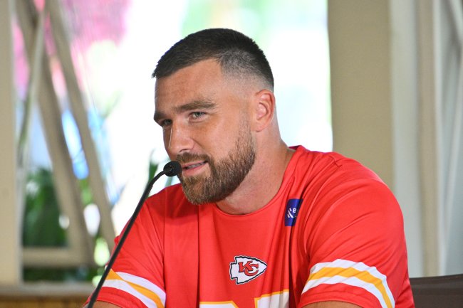 travis kelce nfl brazil Travis Kelce fala com a imprensa durante o treino no SPAC em 4 de setembro de 2025, em São Paulo, São Paulo, Brasil.