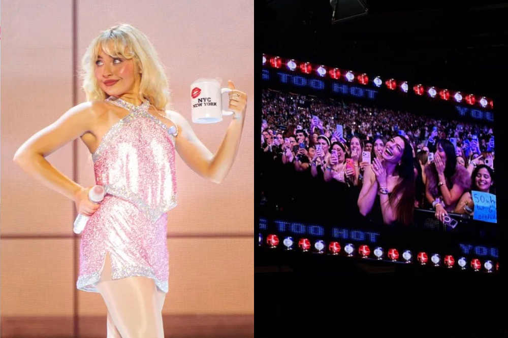 Sabrina Carpenter veste vestido rosa e segura caneca de Nova York, enquanto Anne Hathaway aparece em telão