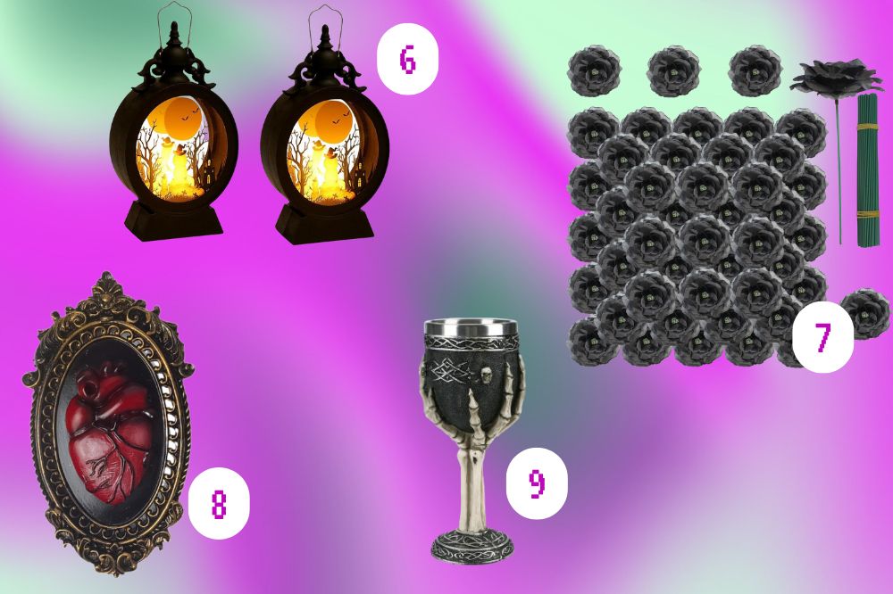 decoraçao gotica halloween 3 Montagem com quatro itens de decoração temática sombria sobre um fundo em tons de rosa, verde e lilás. O item 6 mostra duas lanternas pretas com luz amarela e ilustração de gatos e árvores sob a lua cheia. O item 7 apresenta várias flores pretas artificiais dispostas lado a lado. O item 8 é um quadro oval com moldura dourada e um coração anatômico vermelho em relevo no centro. O item 9 mostra um cálice prateado e preto decorado com uma mão esquelética segurando a taça.