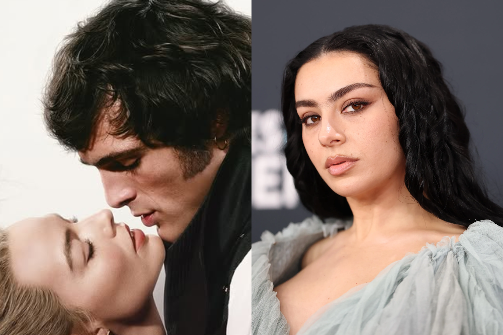 Cartaz de 'O Morro dos Uivantes' com Margot Robbie e Jacob Elordi se beijando (Esquerda) Charli xcx no Grammy (direita)