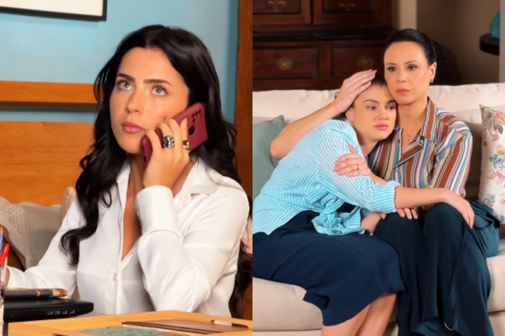 Jade está em ligação (esquerda) Vanessa e Débora se abraçam (direita)