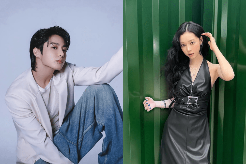 Jungkook veste blazer branco e calça jeans, enquanto está agachado (esquerda), Winter usa vestido preto em fundo verde