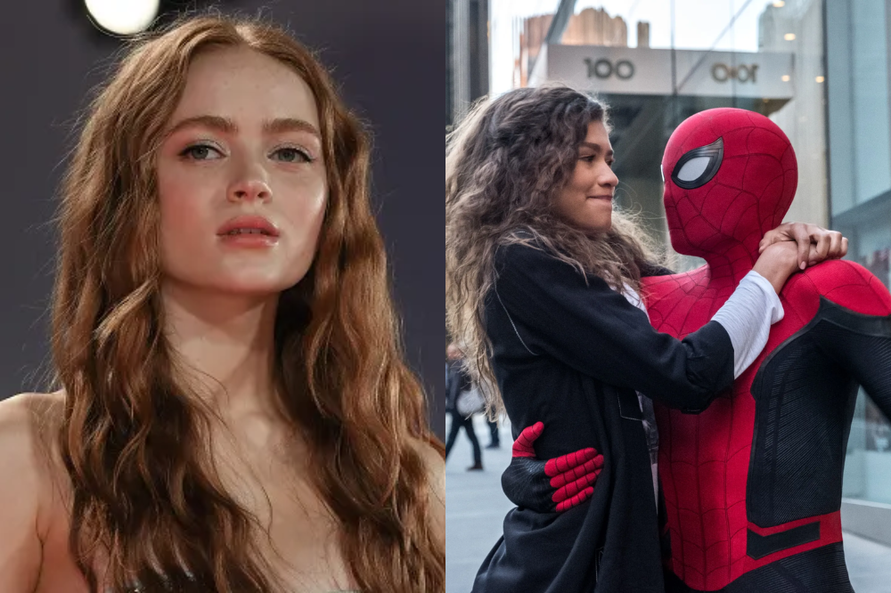 Sadie Sink (mulher ruiva e jovem) na esquerda, MJ (Mulher jovem de cabelos cacheados) e Homem Aranha na direita