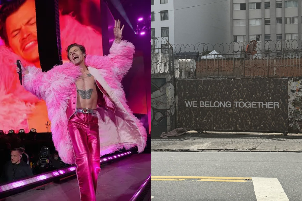 Harry Styles usa roupas rosas durante show no Coachella em 20225 (esquerda) Lambe com a mensagem "We Belong together" (Direita)