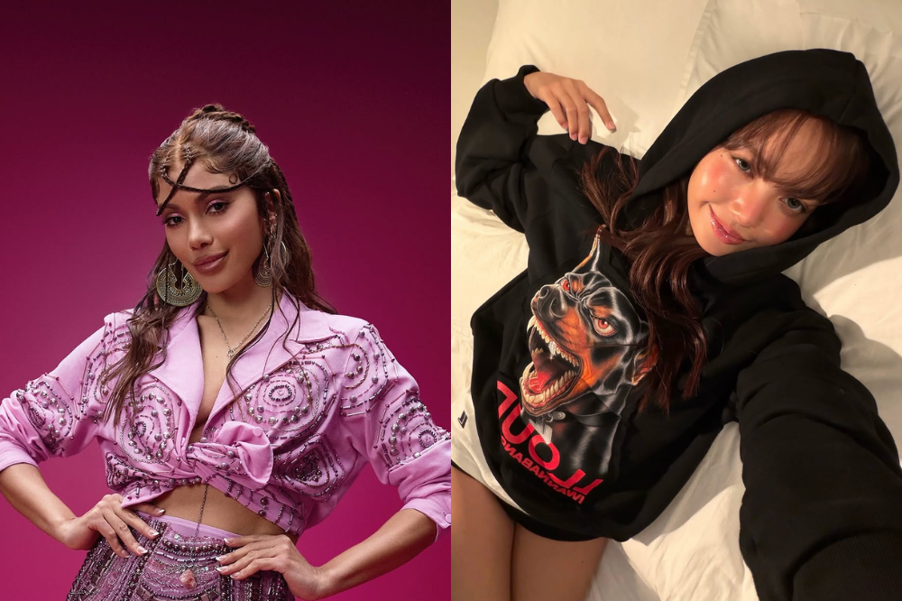 À esquerda, uma mulher posa produzida em look rosa; à direita, outra tira selfie deitada usando moletom.