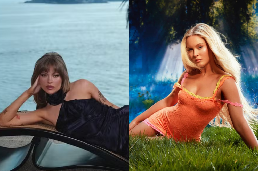 Imagem dividida em duas fotos: à esquerda, mulher deitada sobre um carro próximo ao mar usando vestido preto; à direita, mulher loira posa sentada na grama com vestido laranja em cenário que lembra uma floresta iluminada.