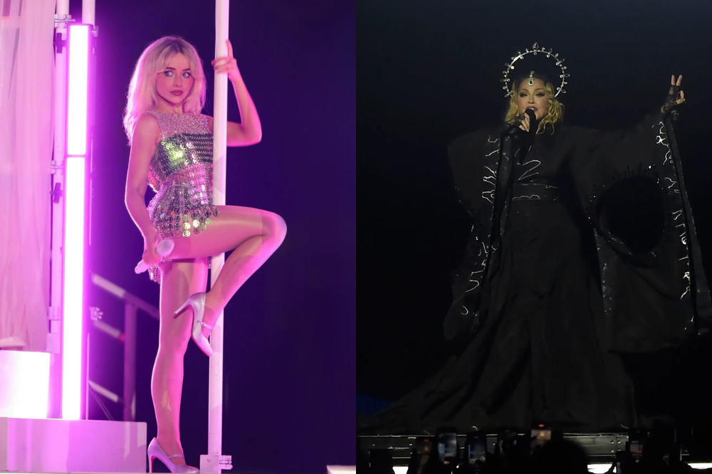Duas cantoras no palco: uma em performance pop brilhante e outra com figurino dramático e gótico.
