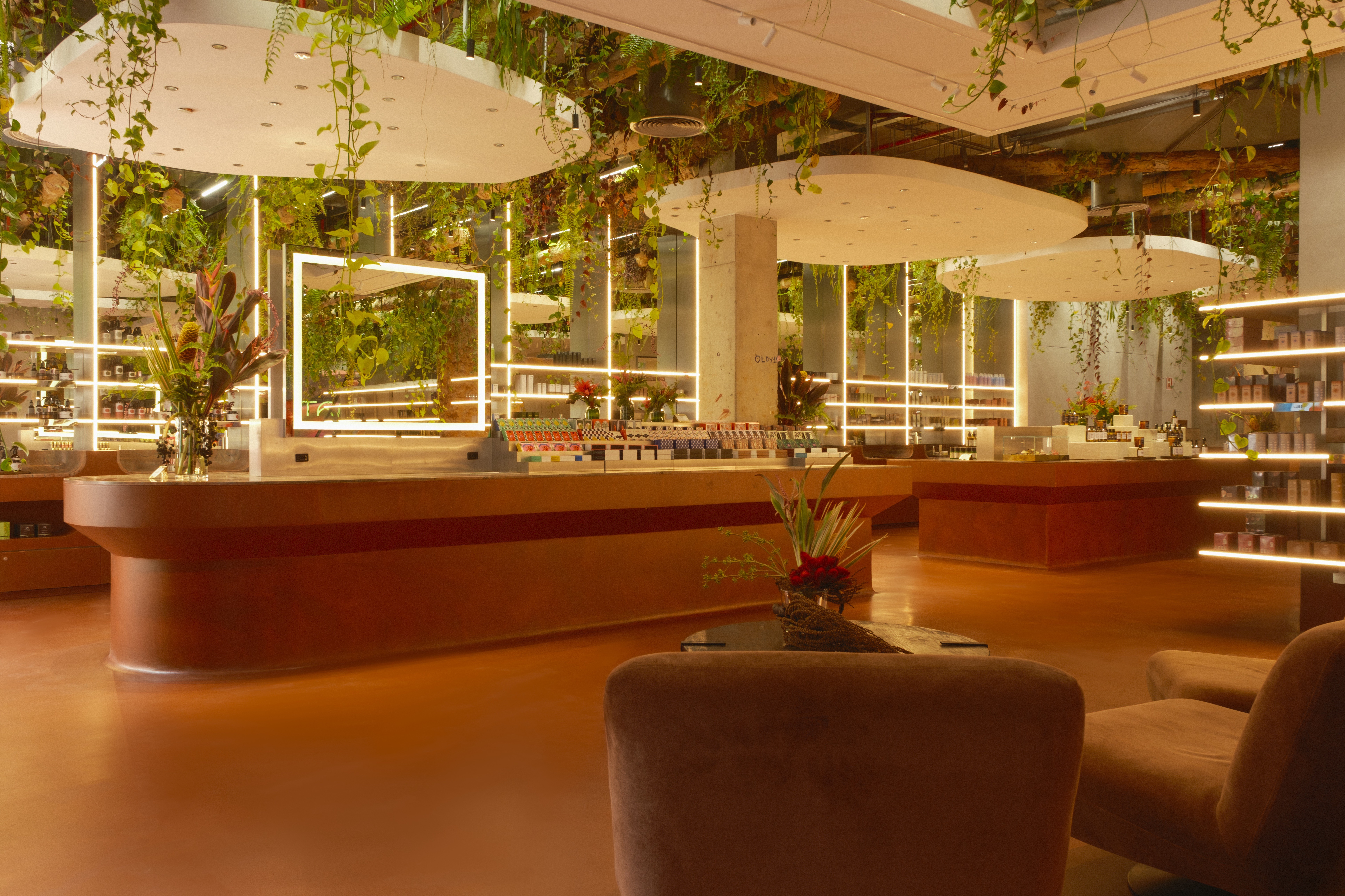 Interior de loja moderna com teto coberto por plantas penduradas, balcões de madeira clara e prateleiras iluminadas exibindo produtos. O chão é laranja-terracota, e há poltronas aconchegantes em primeiro plano, criando um ambiente natural e sofisticado