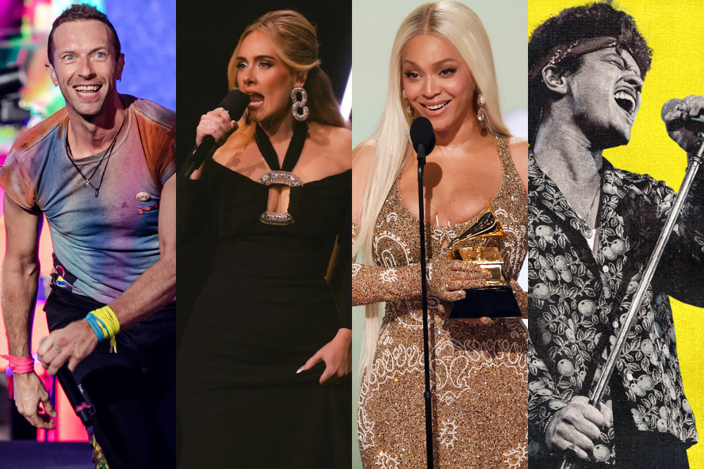 Quatro ícones do pop mundial reunidos: Chris Martin, Adele, Beyoncé e Bruno Mars representam diferentes estilos de performance — da emoção ao espetáculo.