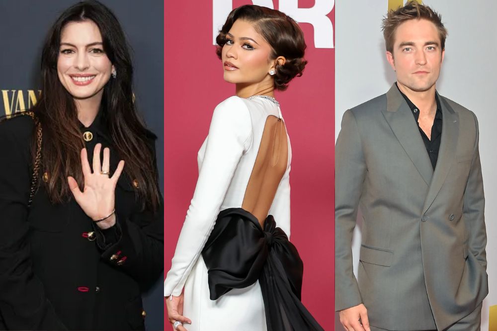 Trio de estrelas de Hollywood: Anne Hathaway, Zendaya e Robert Pattinson em destaque.