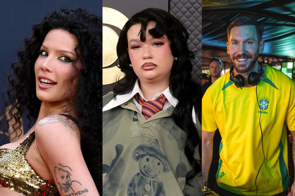 Três artistas em close-up: Halsey com cabelo cacheado e top dourado, seguida por uma pessoa de cabelo escuro, maquiagem rosa e gravata listrada, e Calvin Harris sorrindo com fones de ouvido e camisa da seleção brasileira