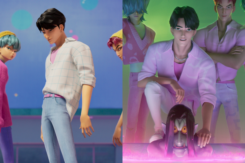 Dois painéis lado a lado mostram avatares masculinos de estilo anime. À esquerda, um avatar de cabelo preto e camisa xadrez branca sobre rosa, com outro de cabelo azul e gorro amarelo ao lado, em fundo azul. À direita, um avatar de camisa rosa e calça branca agachado, com outros avatares atrás, e uma criatura de pele roxa e olhos amarelos emergindo de uma poça rosa brilhante, em fundo verde