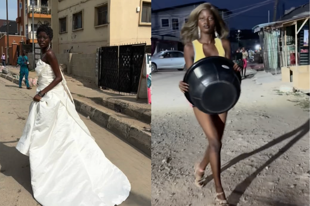 Mulher negra em duas cenas: à esquerda, ela usa um vestido de noiva branco longo em rua clara; à direita, com peruca loira, top amarelo e shorts, carrega uma bacia preta em rua escura