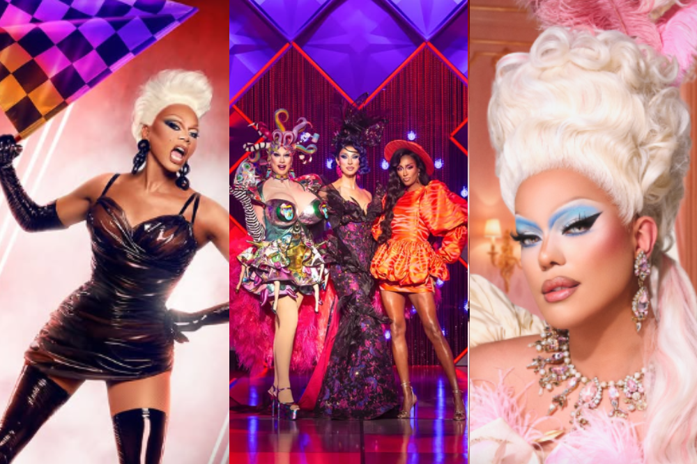 Três imagens de drag queens: RuPaul com vestido de látex e bandeira quadriculada, três queens em trajes extravagantes no palco, e uma queen com peruca branca e maquiagem azul