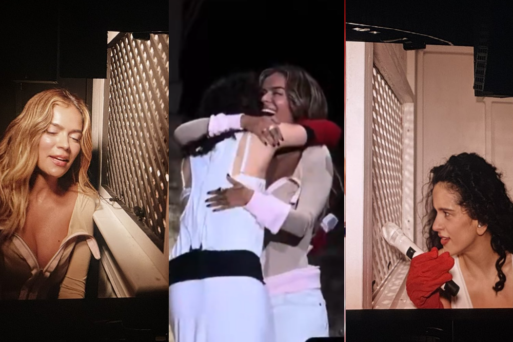 Montagem de três cenas: à esquerda, Karol G com cabelo loiro ondulado, blusa bege, cantando com olhos fechados; ao centro, Karol G abraça uma mulher de costas, ambas sorrindo; à direita, Rosalía com cabelo cacheado escuro, luvas vermelhas, segurando um microfone branco e cantando