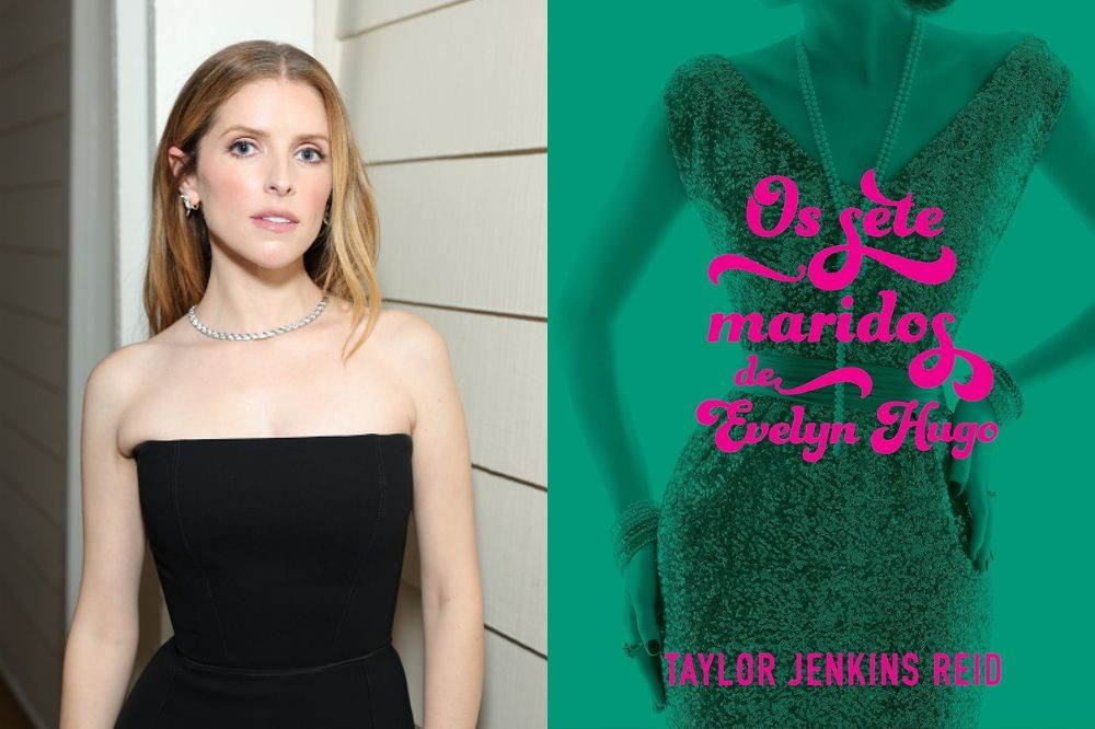 Atriz Anna Kendrick com cabelo loiro e colar brilhante, ao lado da capa do livro "Os Sete Maridos de Evelyn Hugo" em verde e rosa