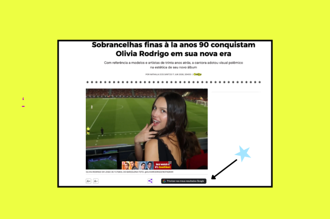 Página de notícia com título Sobrancelhas finas à la anos 90 conquistam Olivia Rodrigo em sua nova era. A imagem principal mostra Olivia Rodrigo sorrindo, com cabelo solto e blusa preta, em um estádio de futebol