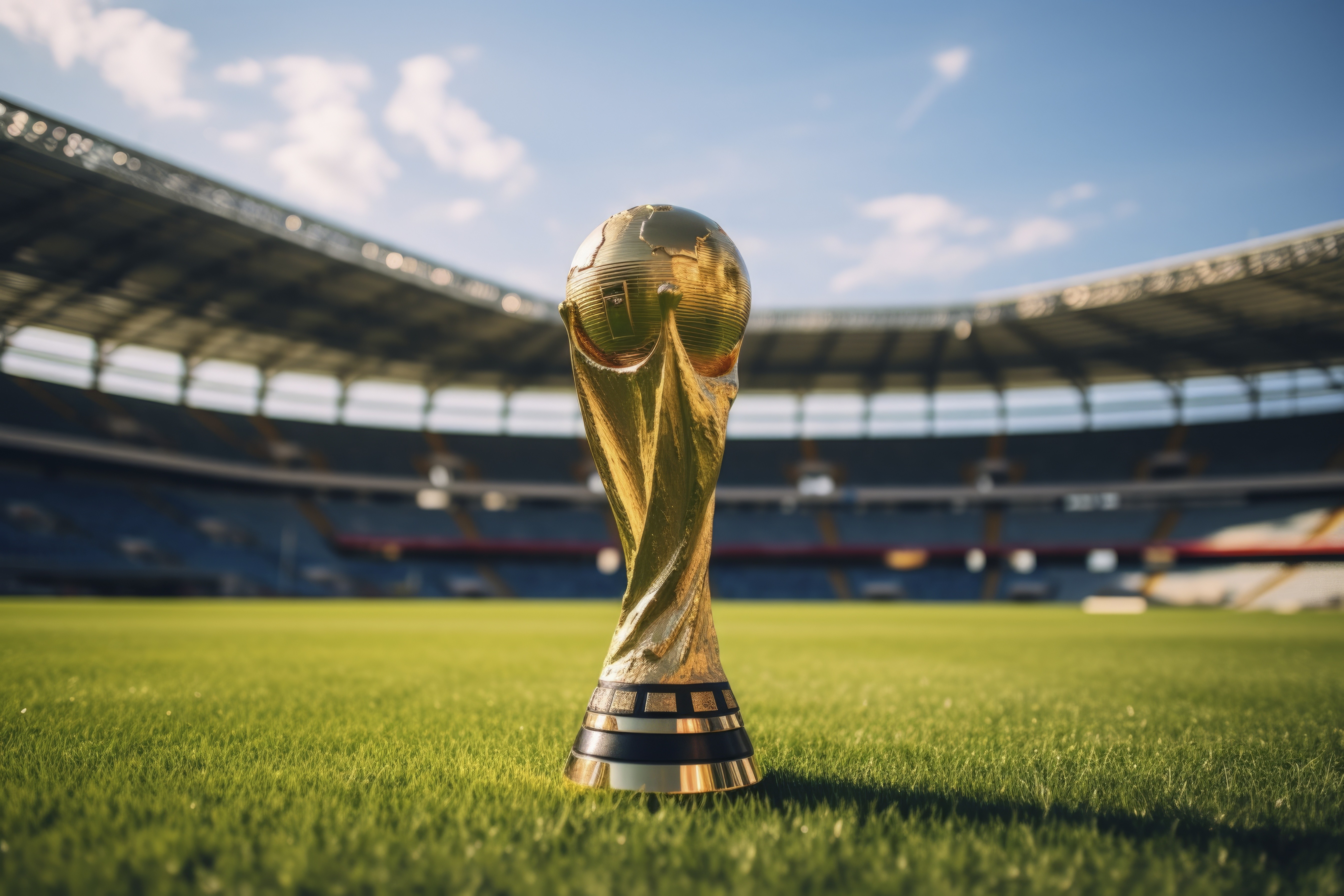 Troféu da Copa do Mundo dourado, com o mapa-múndi em relevo, posicionado no gramado verde de um estádio de futebol vazio, sob um céu azul com nuvens esparsas