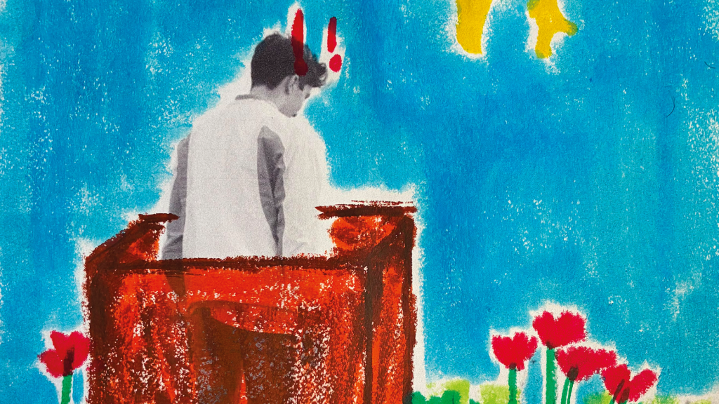 Pintura de um homem de costas, com camisa branca e mangas cinzas, dentro de uma caixa vermelha. Ele tem chifres vermelhos e pontos de exclamação sobre a cabeça. Ao fundo, céu azul com nuvens amarelas e flores vermelhas no canto inferior direito