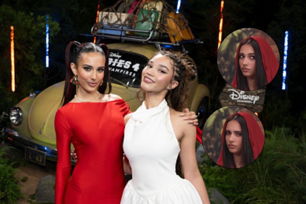 Duas mulheres sorridentes posam em evento. Uma veste um vestido vermelho justo e tem cabelo escuro em duas marias-chiquinhas. A outra usa um vestido branco com gola alta e tem cabelo cacheado. Ao fundo, um fusca bege com bagageiro e a placa L-63, e um letreiro Disney Channel. Dois círculos sobrepostos à direita mostram uma mulher de capuz vermelho com expressão séria