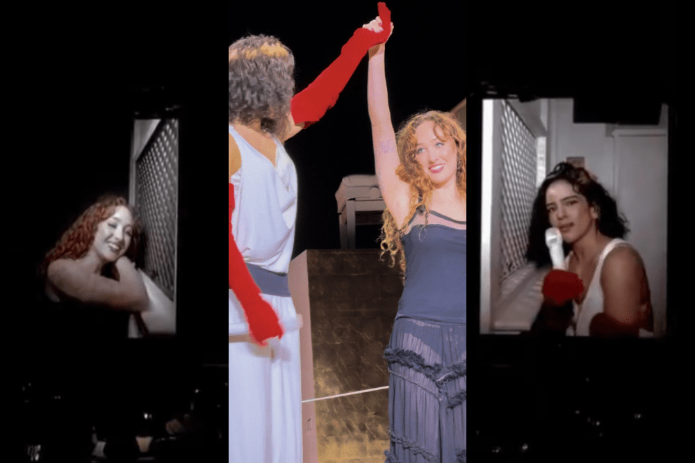 Montagem de três fotos: à esquerda, mulher sorrindo, cabelos cacheados ruivos, apoiada em grade; ao centro, mulher de vestido azul e homem de túnica branca com luvas vermelhas, ambos com braços erguidos em celebração; à direita, mulher de top branco cantando em microfone branco com luva vermelha