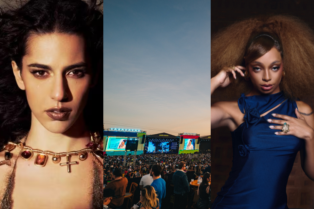 Montagem com três imagens: à esquerda, Marina Sena com maquiagem escura e colar dourado; ao centro, show em palco iluminado com telões e público; à direita, Urias com cabelo volumoso, vestido azul e anéis
