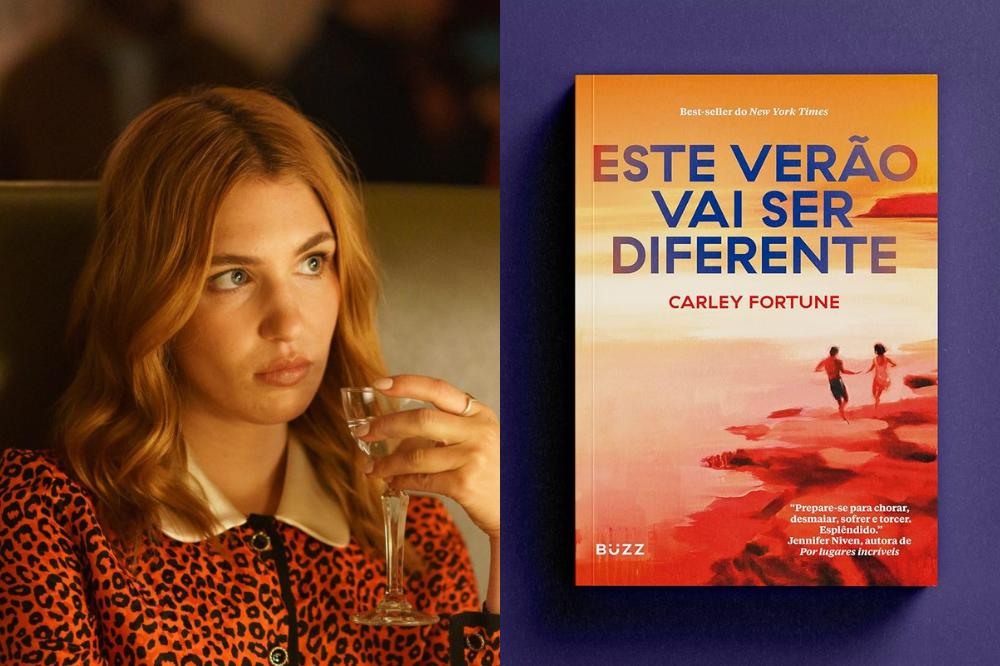 Mulher loira de cabelo ondulado, vestindo blusa de estampa animal print e gola branca, segura uma taça de vinho e olha para o lado. Ao lado, capa do livro Este Verão Vai Ser Diferente com dois personagens na praia ao pôr do sol