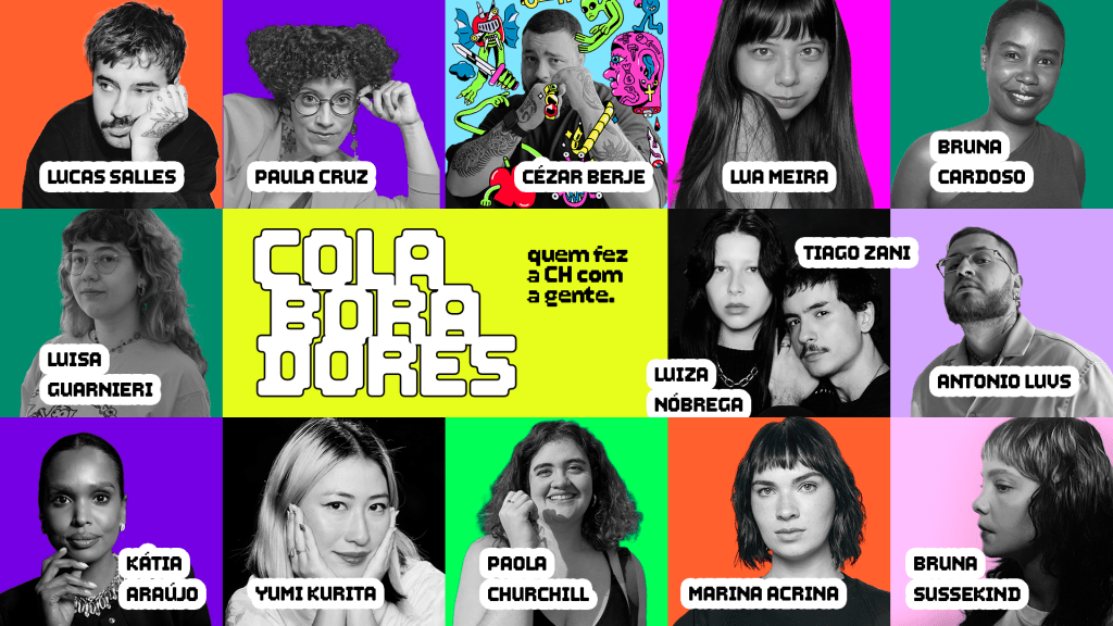 Mosaico de 14 fotos de colaboradores em preto e branco com fundos coloridos. No centro, texto COLABORADORES quem fez a CH com a gente