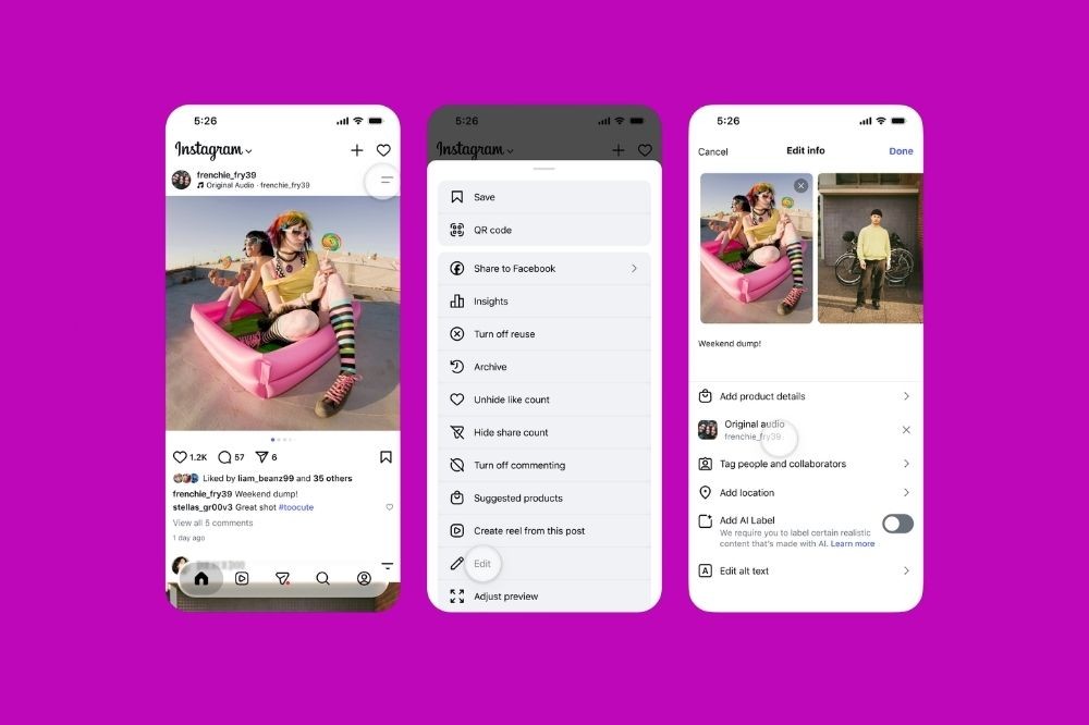 Três telas de celular exibem o aplicativo Instagram. A primeira mostra um post com duas pessoas em um barco rosa inflável. A segunda exibe um menu de opções como Salvar e Editar. A terceira tela mostra a edição de um post com duas fotos e opções como Adicionar detalhes do produto e Editar texto alternativo