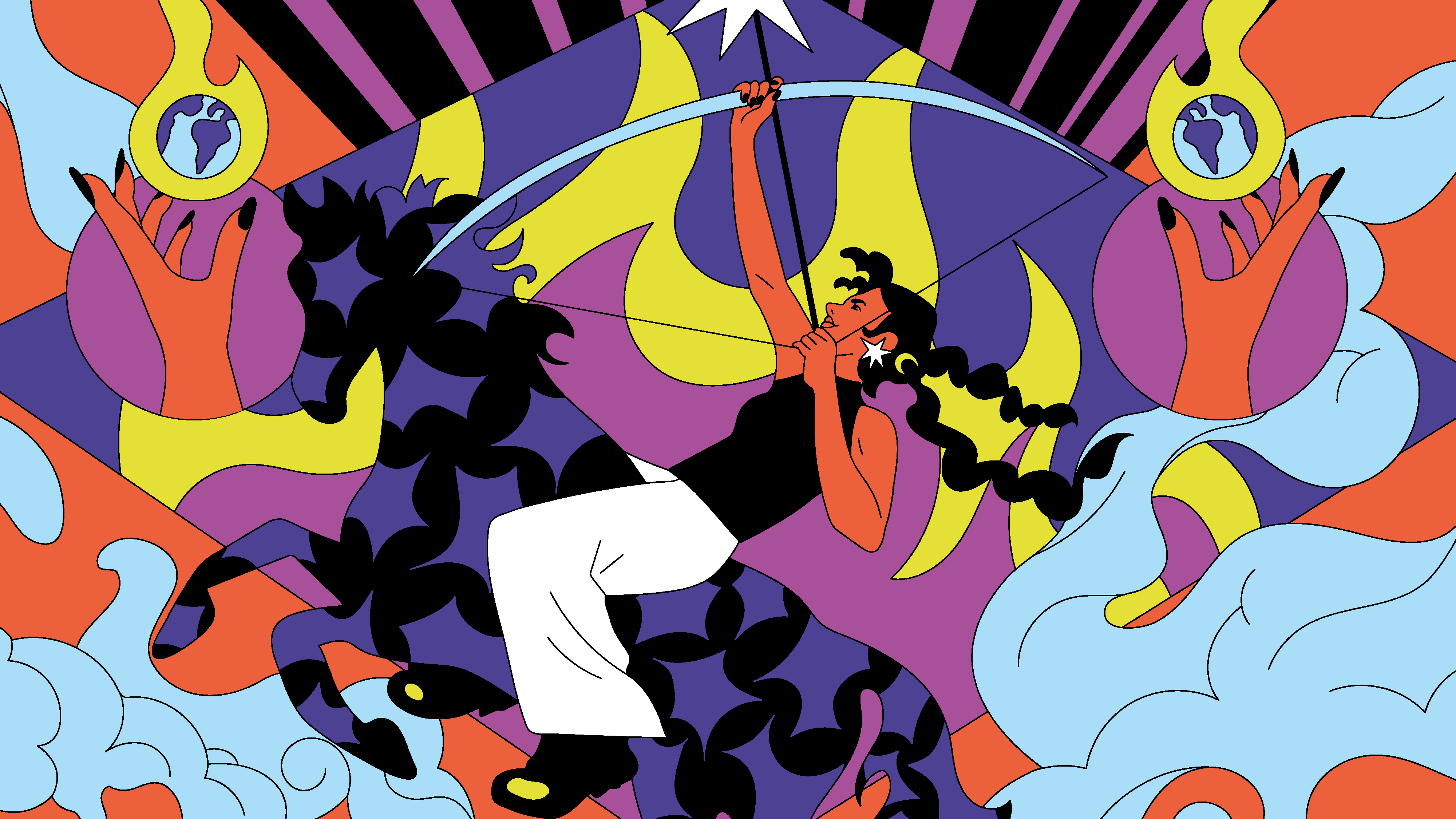 Ilustração colorida de uma mulher com cabelo escuro e encaracolado, vestindo blusa preta e calça branca, montada em um centauro roxo, mirando um arco e flecha com uma estrela na ponta. Ao fundo, chamas amarelas e mãos alaranjadas segurando globos terrestres em chamas, com nuvens azuis e formas geométricas roxas e pretas