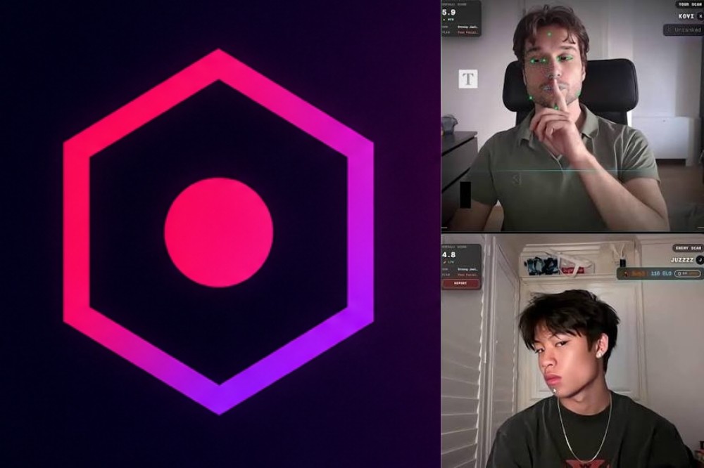 Logotipo hexagonal gradiente rosa e roxo com um círculo rosa no centro, ao lado de duas telas de vídeo. Na tela superior, um homem branco de camisa polo verde faz sinal de silêncio com o dedo nos lábios, com pontos verdes de rastreamento facial. Na tela inferior, um jovem asiático de cabelo escuro e piercing no lábio olha para a câmera