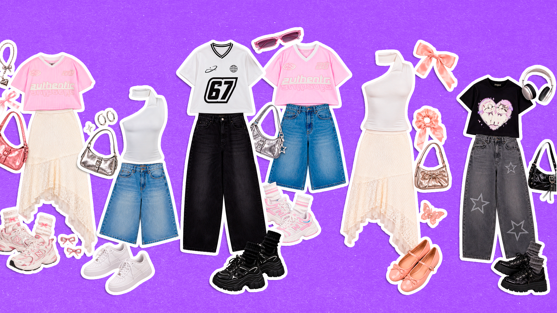 Quatro conjuntos de roupas femininas com acessórios sobre fundo roxo. Da esquerda para a direita: blusa rosa com saia creme e tênis rosa; blusa branca com calça jeans larga e tênis branco; blusa branca de um ombro com saia creme e sapatilhas rosa; blusa preta com calça jeans escura e botas pretas