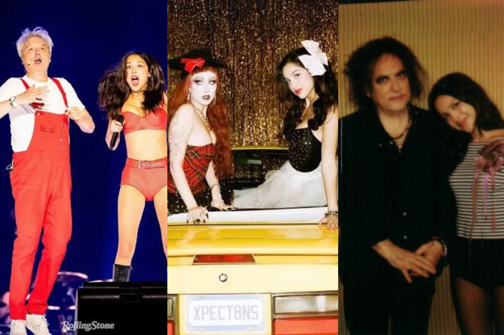 Colagem de três imagens: David Byrne em macacão vermelho e camisa branca no palco; duas mulheres, uma com maquiagem gótica e outra de laço branco, sobre um carro amarelo; Robert Smith e uma jovem abraçados