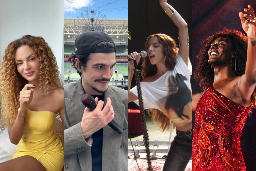 Colagem de quatro artistas: uma mulher de cabelo cacheado loiro em vestido amarelo, um homem de bigode e boné segurando um microfone, uma mulher de cabelo castanho com blusa branca e braço erguido, e uma mulher negra de cabelo crespo com vestido vermelho brilhante e braços erguidos